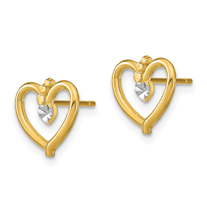 10k and White Rhodium 10mm Diamond-cut Heart Post Earrings