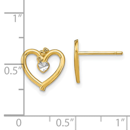 10k and White Rhodium 10mm Diamond-cut Heart Post Earrings