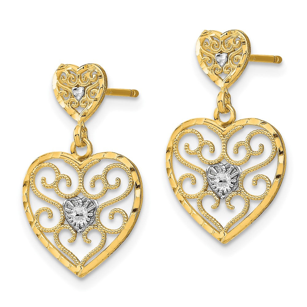 10k and White Rhodium Beaded Filigree Heart Dangle Post Earrings