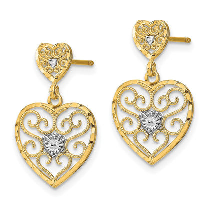 10k and White Rhodium Beaded Filigree Heart Dangle Post Earrings
