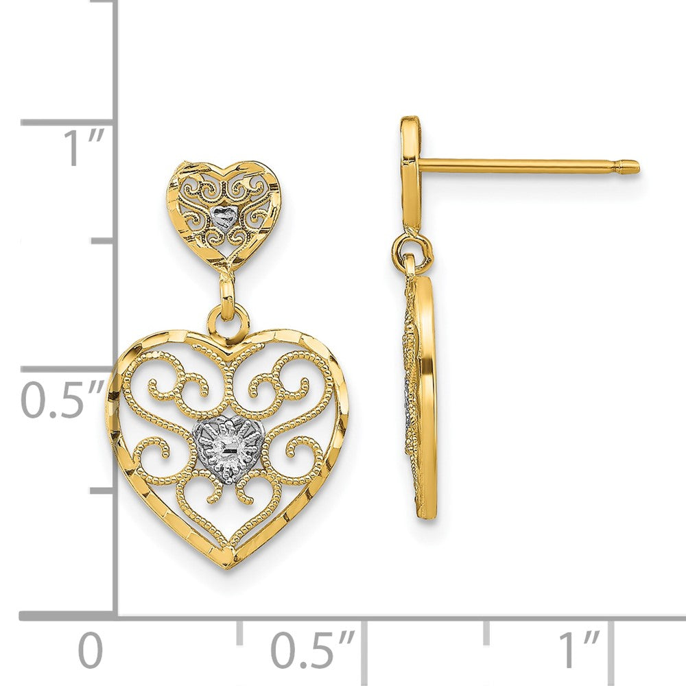 10k and White Rhodium Beaded Filigree Heart Dangle Post Earrings