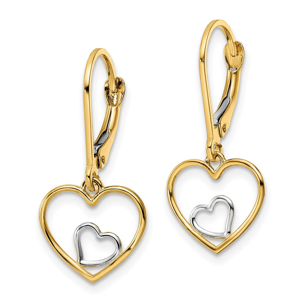 10k and White Rhodium Heart in Heart Leverback Dangle Earrings