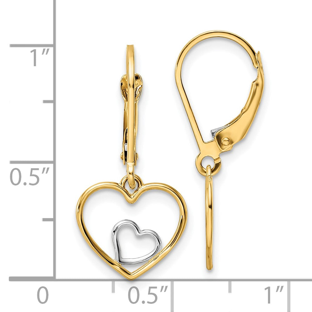 10k and White Rhodium Heart in Heart Leverback Dangle Earrings