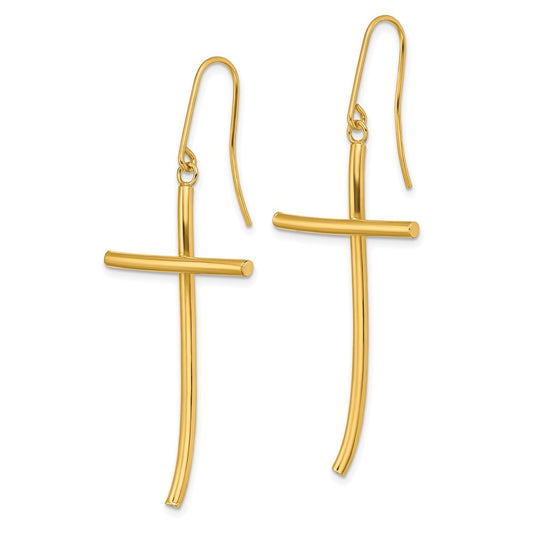 10k Polished Cross Dangle Shepherd Hook Earrings