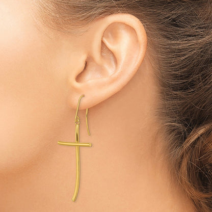 10k Polished Cross Dangle Shepherd Hook Earrings