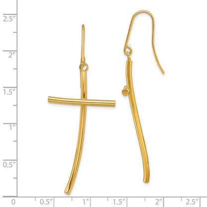 10k Polished Cross Dangle Shepherd Hook Earrings