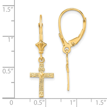 10K Textured Heart In Cross Dangle Leverback Earrings