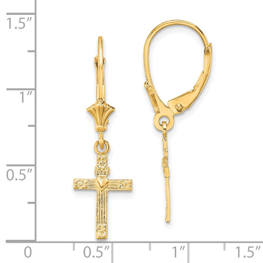 10K Textured Heart In Cross Dangle Leverback Earrings