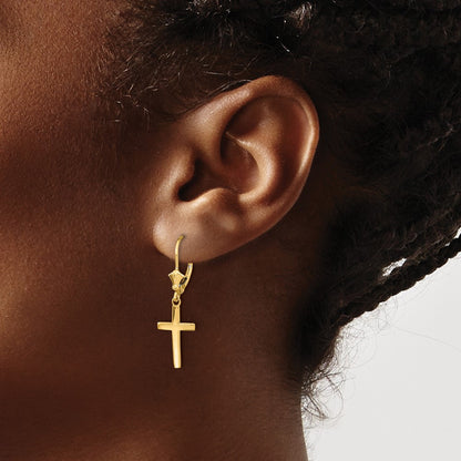 10k Polished Cross Dangle Leverback Earrings