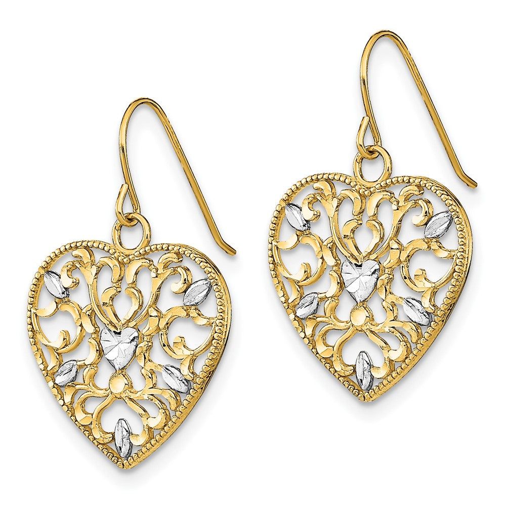 10k and White Rhodium Filigree Heart Dangle Shepherd Hook Earrings