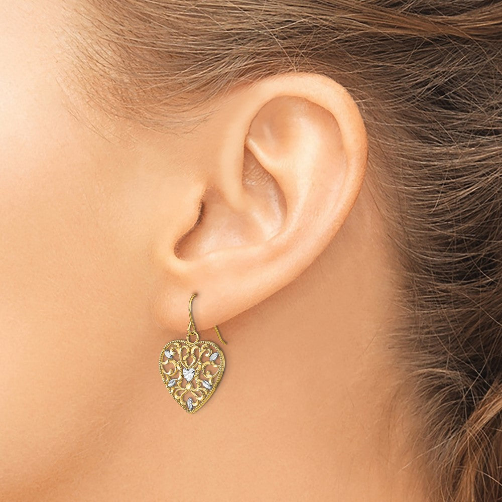 10k and White Rhodium Filigree Heart Dangle Shepherd Hook Earrings