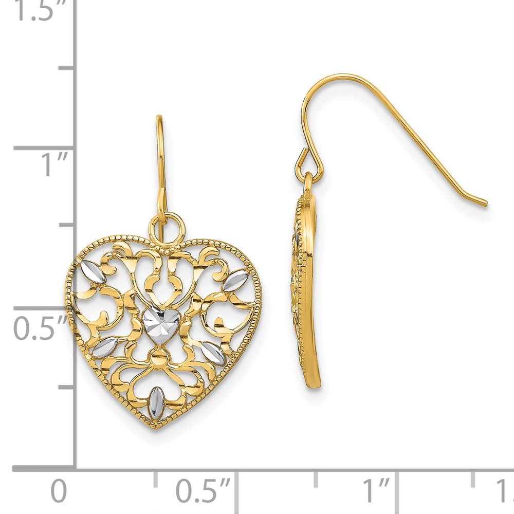 10k and White Rhodium Filigree Heart Dangle Shepherd Hook Earrings