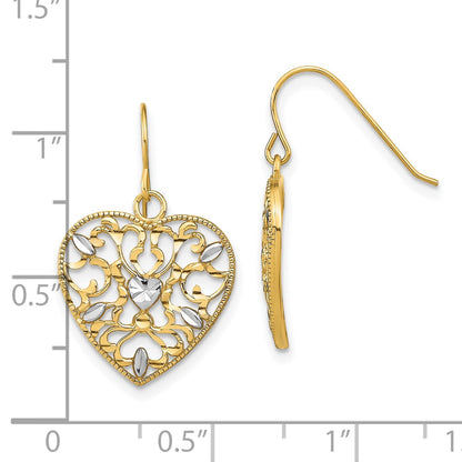 10k and White Rhodium Filigree Heart Dangle Shepherd Hook Earrings