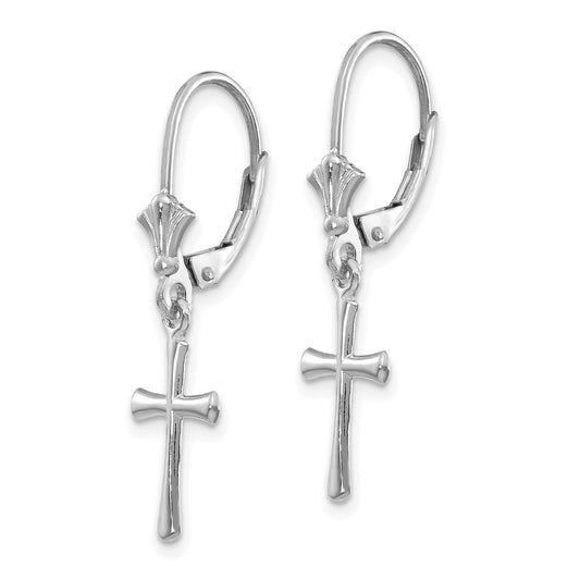 10K White Gold Cross Dangle Leverback Earrings