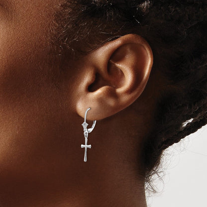 10K White Gold Cross Dangle Leverback Earrings