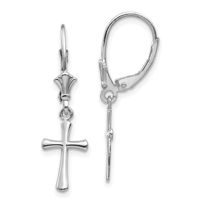10K White Gold Cross Dangle Leverback Earrings