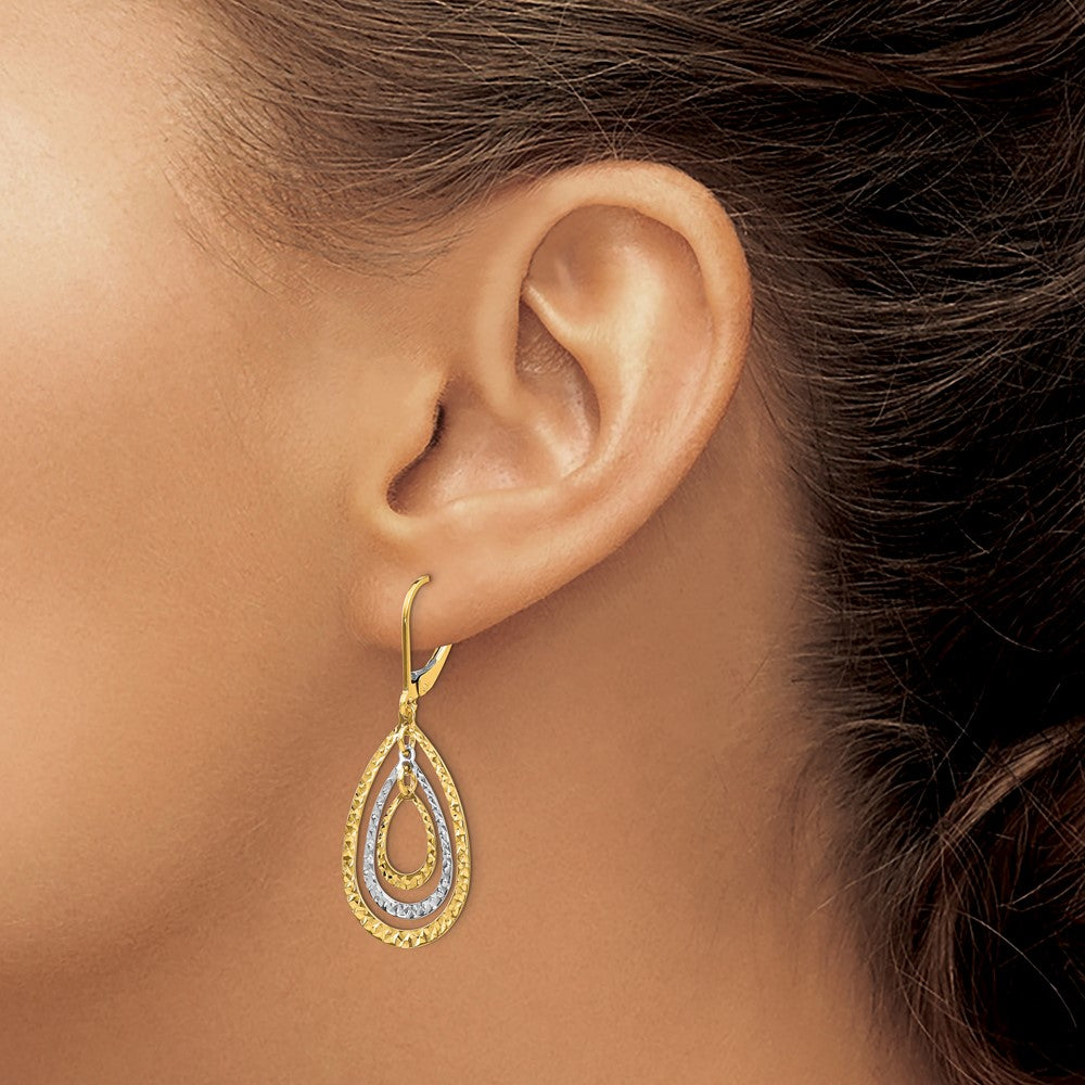 10k Two-tone Diamond-cut Teardrop Dangle Leverback Earrings