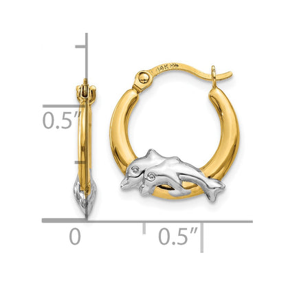 10K and White Rhodium Dolphin Hoop Earrings