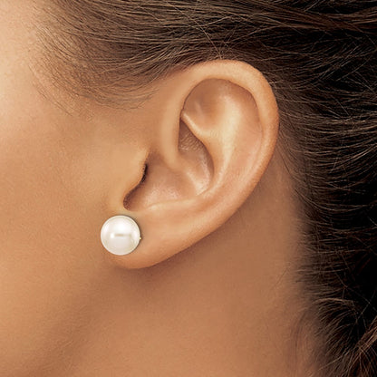 10k 10-11mm White Round Freshwater Cultured Pearl Stud Post Earrings