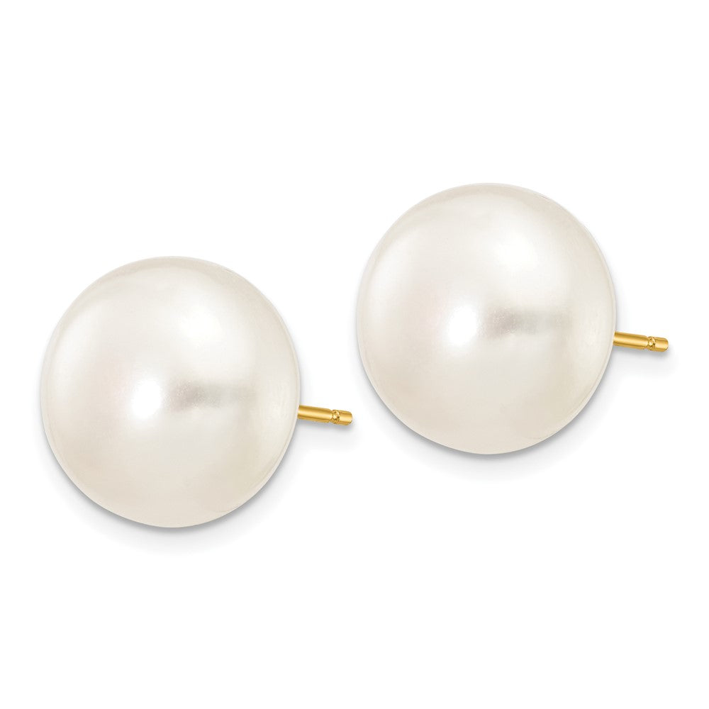 10k 12-13mm White Button Freshwater Cultured Pearl Stud Post Earrings