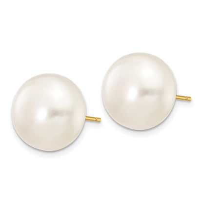 10k 12-13mm White Button Freshwater Cultured Pearl Stud Post Earrings