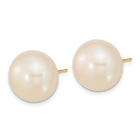 10K13-14mm White Button Freshwater Cultured Pearl Stud Post Earrings