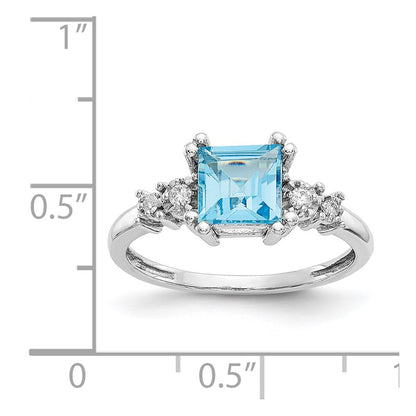 10k White Gold 1/20 carat Diamond and 6mm Princess Blue Topaz Ring