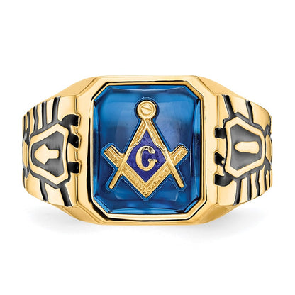 IB Goodman 10k Mens Polished/Antiqued and Grooved with Imitation Blue Spinel Masonic Ring