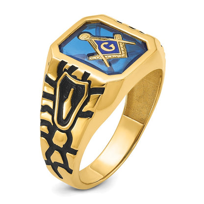 IB Goodman 10k Mens Polished/Antiqued and Grooved with Imitation Blue Spinel Masonic Ring