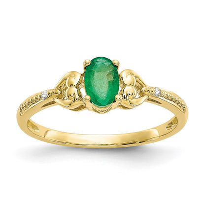 10k 6x4mm Oval May/ Emerald and Diamond Size 7 Ring
