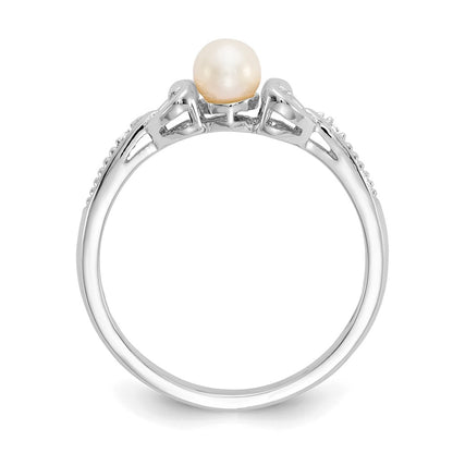 10k White Gold 4.5mm Round June/ Freshwater Cultured Pearl and Diamond Size 7 Ring