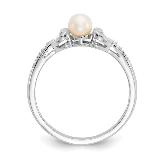 10k White Gold 4.5mm Round June/ Freshwater Cultured Pearl and Diamond Size 7 Ring