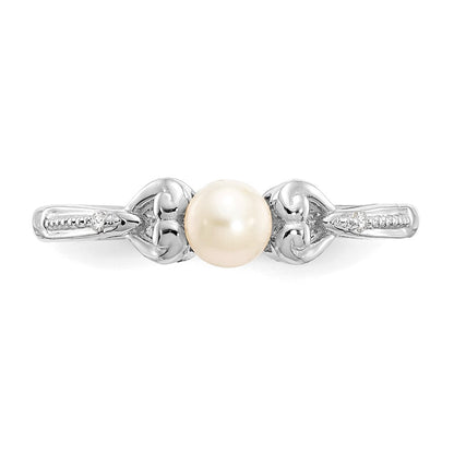 10k White Gold 4.5mm Round June/ Freshwater Cultured Pearl and Diamond Size 7 Ring