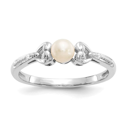 10k White Gold 4.5mm Round June/ Freshwater Cultured Pearl and Diamond Size 7 Ring