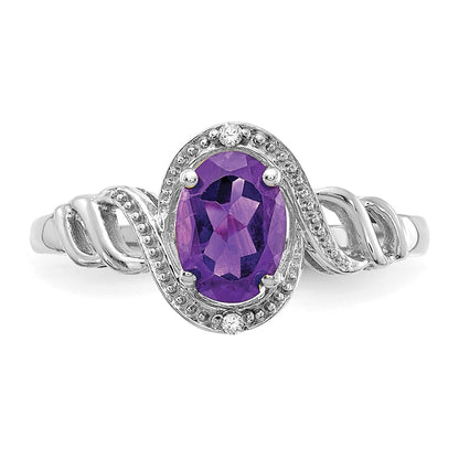 10k White Gold 7x5mm Oval February/ Amethyst and Diamond Size 7 Ring