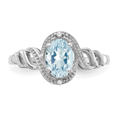10k White Gold 7x5mm Oval March/ Aquamarine and Diamond Size 7 Ring