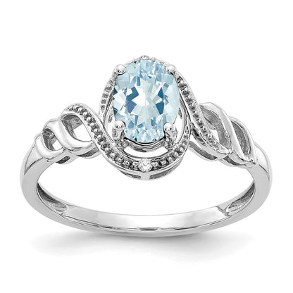 10k White Gold 7x5mm Oval March/ Aquamarine and Diamond Size 7 Ring
