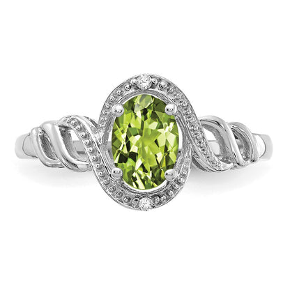10k White Gold 7x5mm Oval August/ Peridot and Diamond Size 7 Ring