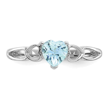 10k White Gold Polished 5mm Heart Genuine March/ Aquamarine Birthstone Size 7 Ring