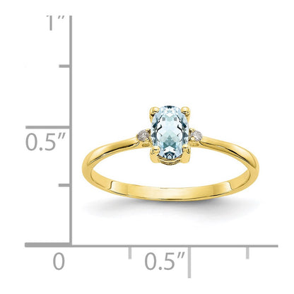 10k Polished 6x4mm Oval Genuine March/ Aquamarine and Diamond Birthstone Size 7 Ring