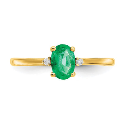 10k Polished 6x4mm Oval Genuine May/ Emerald and Diamond Birthstone Size 7 Ring