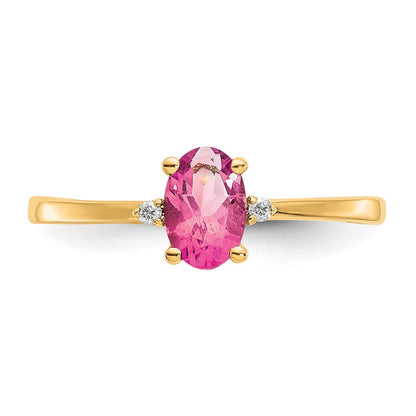 10k Polished 6x4mm Oval Genuine October/ Pink Tourmaline and Diamond Birthstone Size 7 Ring