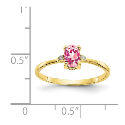 10k Polished 6x4mm Oval Genuine October/ Pink Tourmaline and Diamond Birthstone Size 7 Ring