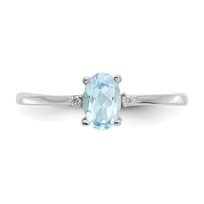 10k White Gold Polished 6x4mm Oval Genuine March/ Aquamarine and Diamond Birthstone Size 7 Ring