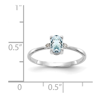 10k White Gold Polished 6x4mm Oval Genuine March/ Aquamarine and Diamond Birthstone Size 7 Ring