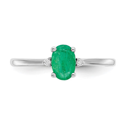 10k White Gold Polished 6x4mm Oval Genuine May/ Emerald and Diamond Birthstone Size 7 Ring
