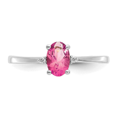 10k White Gold Polished 6x4mm Oval Genuine October/ Pink Tourmaline and Diamond Birthstone Size 7 Ring