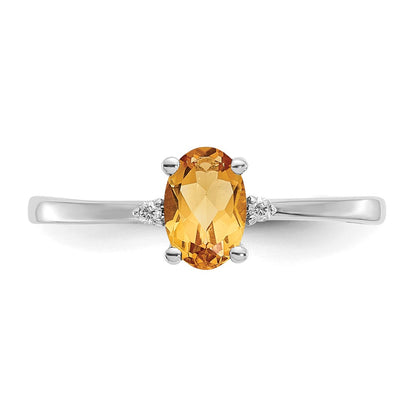 10k White Gold Polished 6x4mm Oval Genuine November/ Citrine and Diamond Birthstone Size 7 Ring