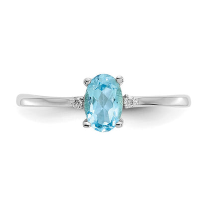 10k White Gold Polished 6x4mm Oval Genuine December/ Blue Topaz and Diamond Birthstone Size 7 Ring