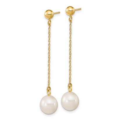 10k 7-8mm White Round Freshwater Cultured Pearl Chain Dangle Post Earrings